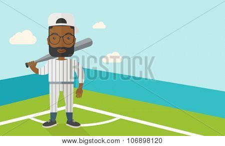 An african-american baseball player standing with a bat in a field vector flat design illustration. Horizontal layout with a text space for a social media post.