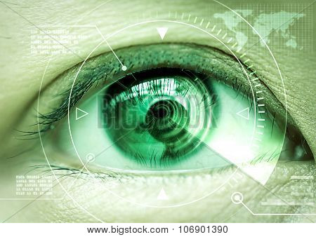 Close up women eye scanning technology in the futuristic operation lasik cataract.