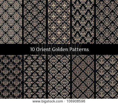 Collection Of Orient Golden Vector Patterns On Black Background. Patterns Added As Swatches.