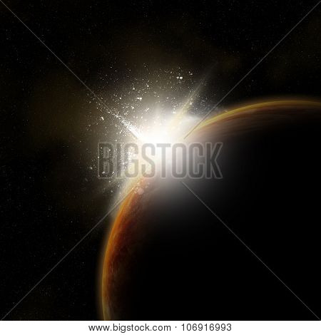 3D space background with sun rising behind fictional planet
