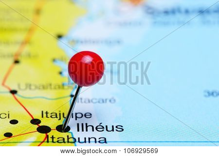 Ilheus pinned on a map of Brazil
