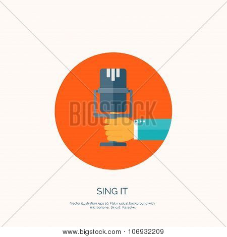 Vector illustration. Flat background with hand and microphone. Voive recording background.