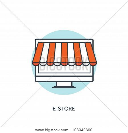 Flat lined e-store koncept background with computer and internet shop.