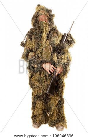 Man in Ghillie suit with sniper rifle isolated on white