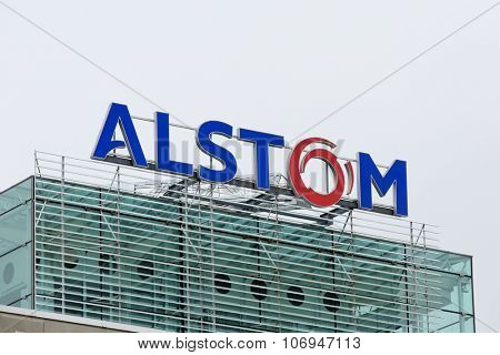 BADEN, SWITZERLAND. October 31, 2015. Last days of the Alstom logo on rooftop of thermal power headquarters before merger and acquisition of General Electric on 2nd November 2015.