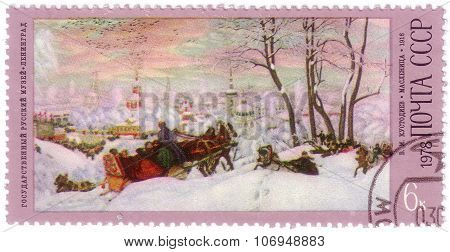 Ussr - Circa 1978: A Stamp Printed In Ussr Shows The Shrovetide (winter Landscape), By B.m.kustodiev