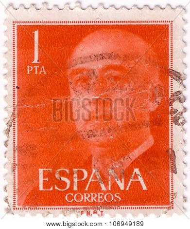 Spain - Circa 1955: Postage Stamp Printed In Spain With Portrait Image General Francisco Franco.