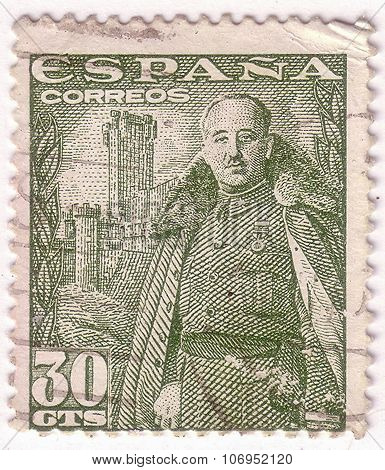 Spain - Circa 1948: A Stamp Printed In Spain Shows General Franco And Castillo De La Mota, Circa 194