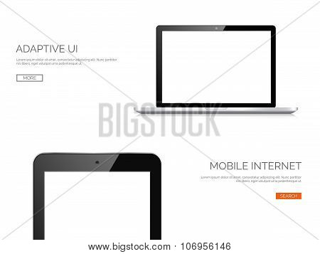 Vector illustration. Realistic laptop and tablet. Adaptive ui. Responcive web design.
