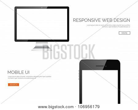 Vector illustration. Realisticmonitor and smartphone. Adaptive ui. Responcive web design.