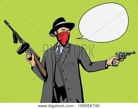 Gangster with gun robbery pop art vector