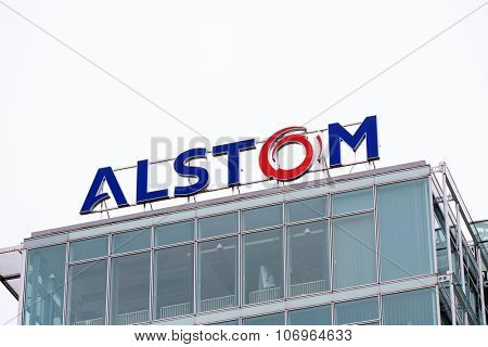 BADEN, SWITZERLAND. October 31, 2015. Last days of the Alstom logo on rooftop of thermal power headquarters before merger and acquisition of General Electric on 2nd November 2015.