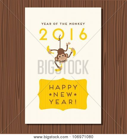 year of the monkey,  happy new year 2016 vector design with cute hanging monkey