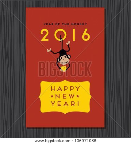 year of the monkey,  happy new year 2016 vector design with cute hanging monkey
