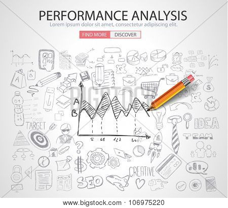 Performance Analysis concet with Doodle design style :finding solution, brainstorming, creative thinking. Modern style illustration for web banners, brochure and flyers.