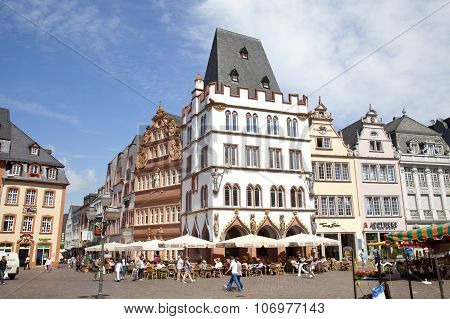 Trier, Germany - July 3, 2012 View At Tradiontal Houses At Hauptmarkt, Trier Germany. Trier Is One O