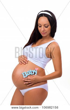 Happy Pregnancy. Pregnant Woman Waiting For The Firstborn. Blue Label 