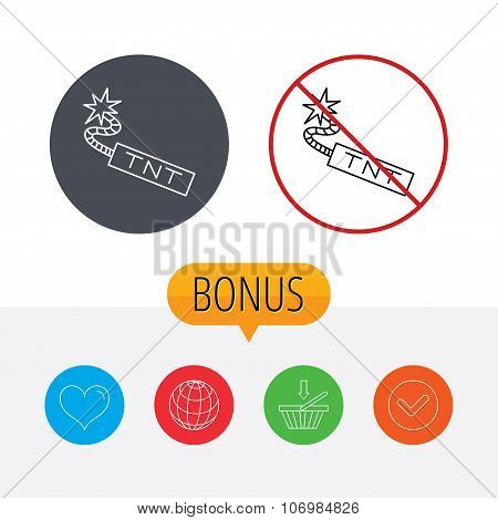 TNT dynamite icon. Bomb explosion sign.