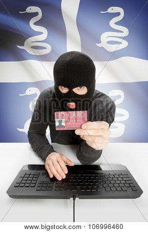 Hacker With Flag On Background Holding Id Card In Hand - Martinique