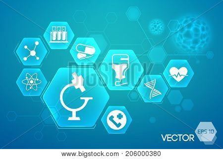 Medical blue background design with microscope equipment and heart symbols flat vector illustration