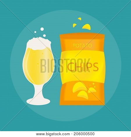 Set of beer mug and snack made in flat style. Light beer with crispy potato chips. Vector illustration for banners posters restaurant and pub menu.