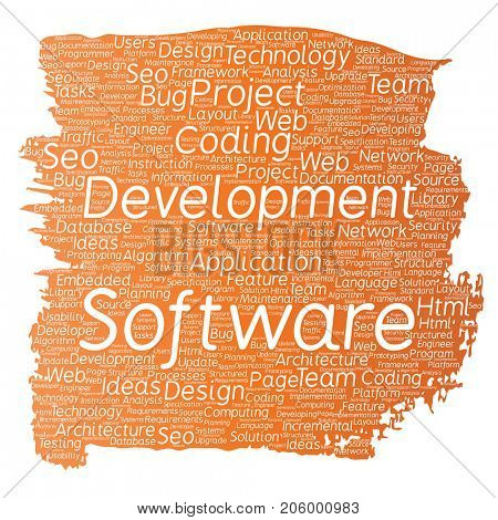 Conceptual software development project coding technology paint brush word cloud isolated background. Collage of application web design, seo ideas, implementation, testing upgrade concept