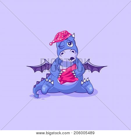 Vector Stock Illustration isolated Emoji character cartoon sleepy dragon dinosaur in nightcap with pillow sticker emoticon for site, info graphic, video, animation, website, mail, newsletters, reports