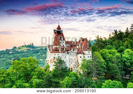 Bran Castle Romania. Stunning HDR twilight image of Dracula fortress in Transylvania medieval landmark.