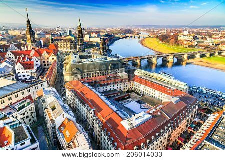 Dresden Germany - Aerial view from Frauenkirche with Hofkirche and Augustus Bridge