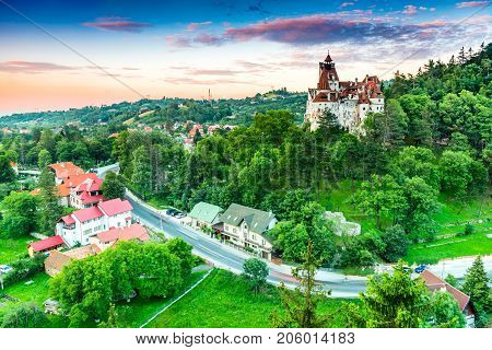 Bran Castle Romania. Stunning HDR twilight image of Dracula fortress in Transylvania medieval landmark.