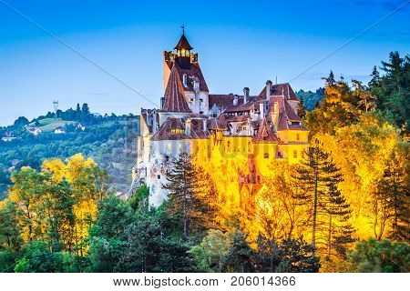 Bran Castle Romania. Stunning HDR twilight image of Dracula fortress in Transylvania medieval landmark.