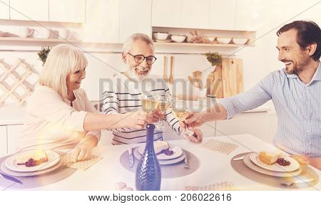 PLe3asant meal. Cheerful overjoyed man and his retired parents sititng in the kitchen and drinking wine while resitng together