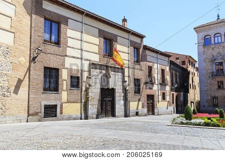 MADRID, SPAIN - MAY 24, 2017: It is the medieval House of Lujanes in the Plaza de la Villa.