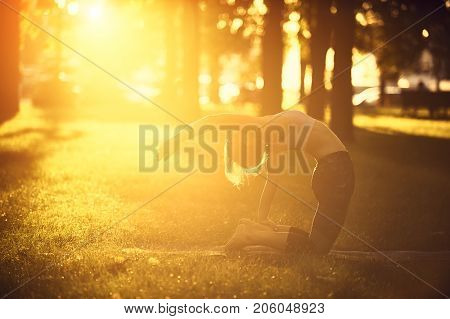 Beautiful sporty fit yogini woman practices yoga asana Eka Pada Bheka Ushtrasana in the park at sunset