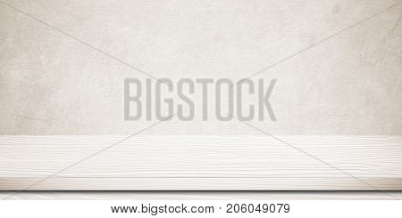 Empty white wood table over brwon cement wall vintage background banner template product display montage