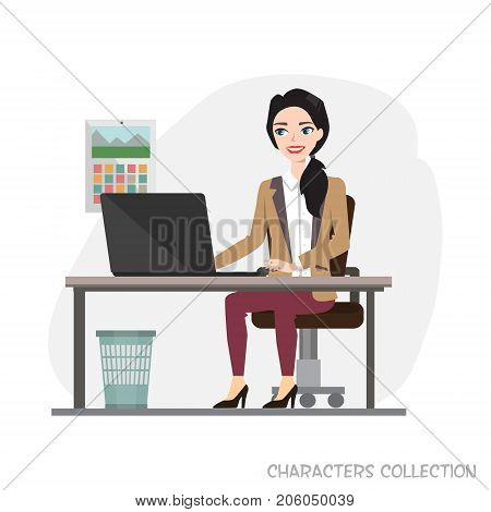 Businesswoman is using a computer, smiling while working in office. Vector illustration