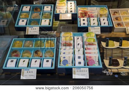 Tokyo, Japan - May 15, 2017:  Shop window with traditional Japanese jelly sweets in boxes for dessert or as a gift