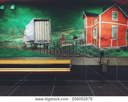 STOCKHOLM, SWEDEN - JUNE 10, 2017: Solna Centrum tunnelbanestation Underground. Station of the Subway