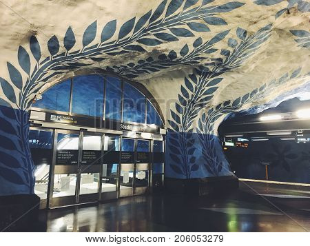 STOCKHOLM, SWEDEN - JUNE 10, 2017: T-Centralen tunnelbanestation Underground. Blue line, central station of the Subway