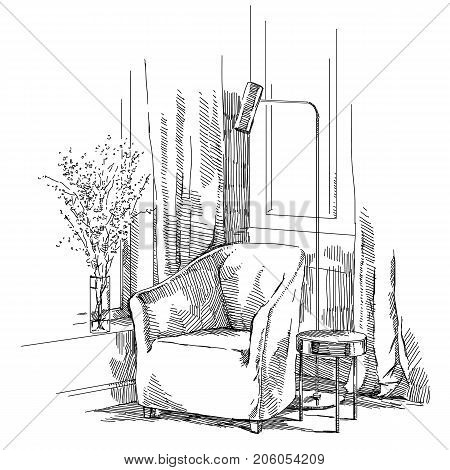 Contemporary modern interior hand drawing vector illustration.