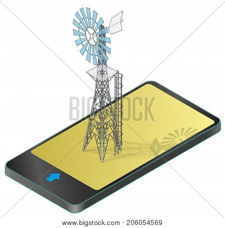 Outlined wind pump for pumping of water on farm in mobile phone. Home wind power plant for power generation in communication technology. Industrial agriculture building.Vector windmill illustration.