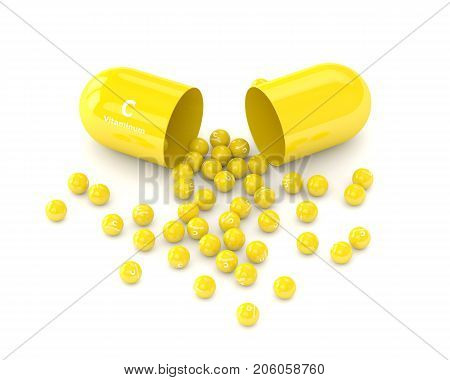 3D Render Of Vitamin C Pill With Granules