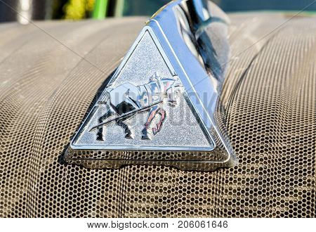 Russia Samara - September 23 2017: Emblem of agricultural tractor Fendt 933 Vario at the annual Volga agro-industrial exhibition