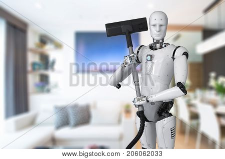 3d rendering android robot holding vacuum cleaner