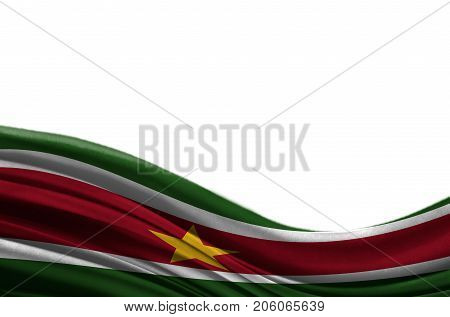 Grunge colorful flag Suriname with copyspace for your text or images,isolated on white background. Close up, fluttering downwind.
