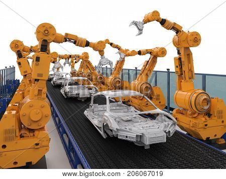 3d rendering robot assembly line in car factory