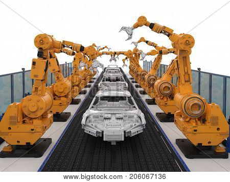 3d rendering robot assembly line in car factory