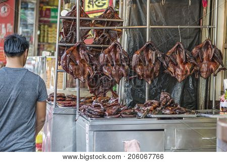 Bankok Thailand - Sep 9 2017 Roasted duck on street food of Yaowarat or Chinatown