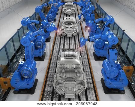 3d rendering robot assembly line in car factory