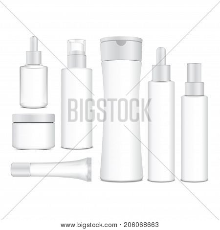 Realistic cosmetic white vector bottles. Vector containers, tubes, sashet for cream, balsam, lotion, gel, shampoo, foundation cream. 3d Illustration for your design